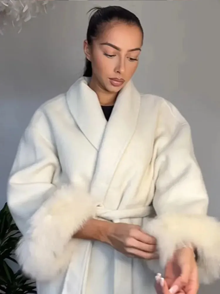 Elegant soft faux fur belt wrap coat