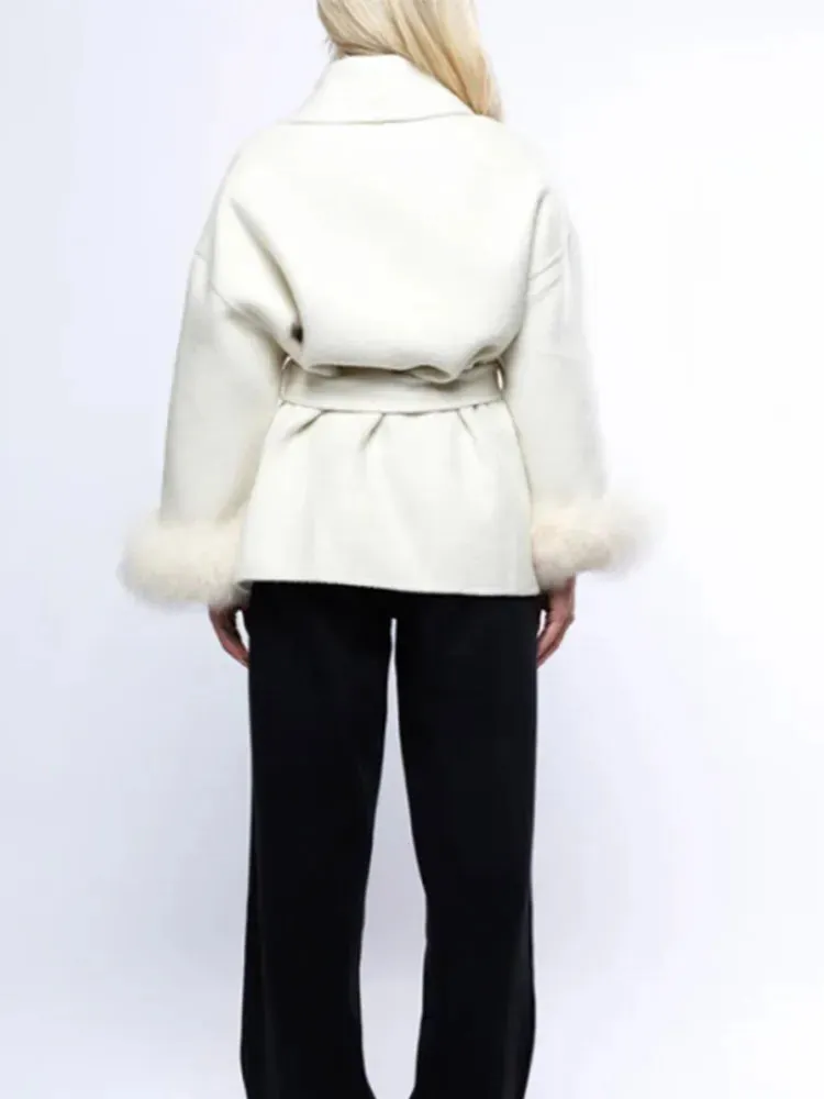 Elegant soft faux fur belt wrap coat