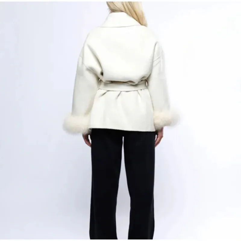 Elegant soft faux fur belt wrap coat