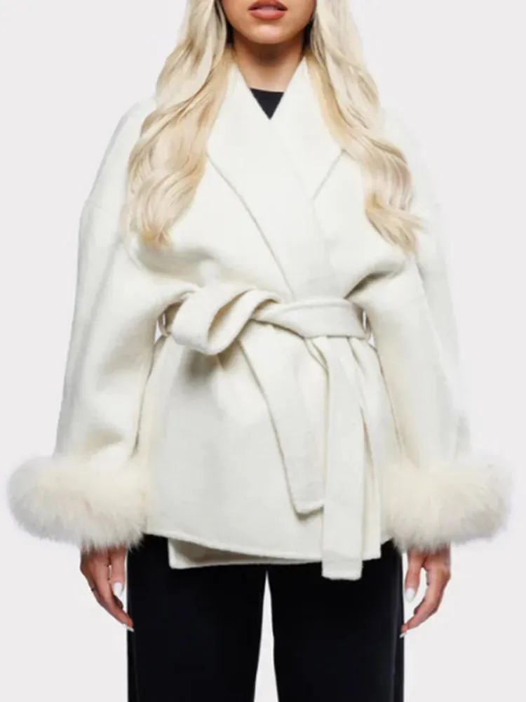 Elegant soft faux fur belt wrap coat