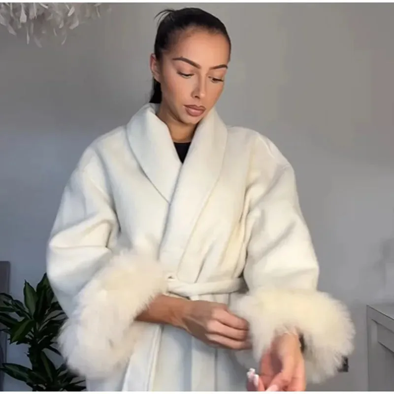 Elegant soft faux fur belt wrap coat