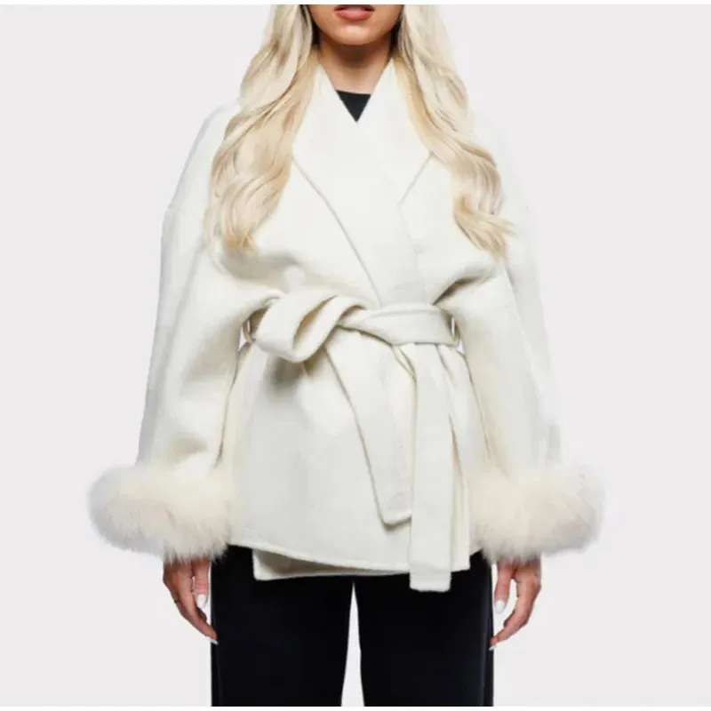 Elegant soft faux fur belt wrap coat