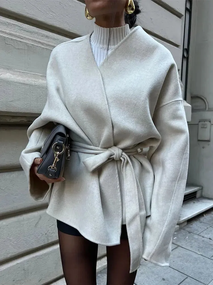 Elegant soft faux fur belt wrap coat