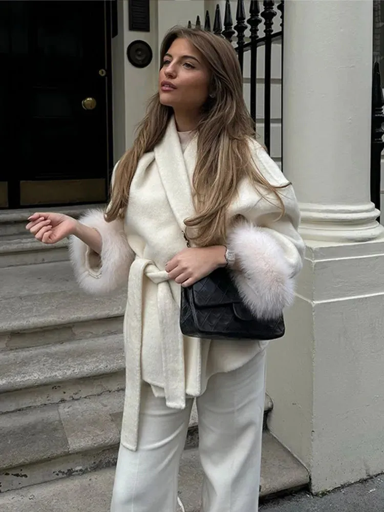 Elegant soft faux fur belt wrap coat