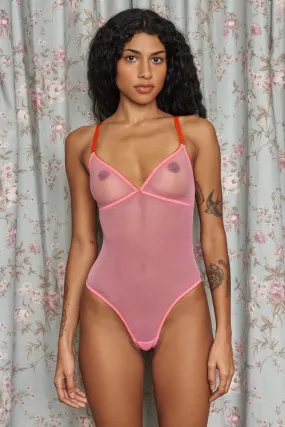 Elsie Tulle Thong Bodysuit in Pink