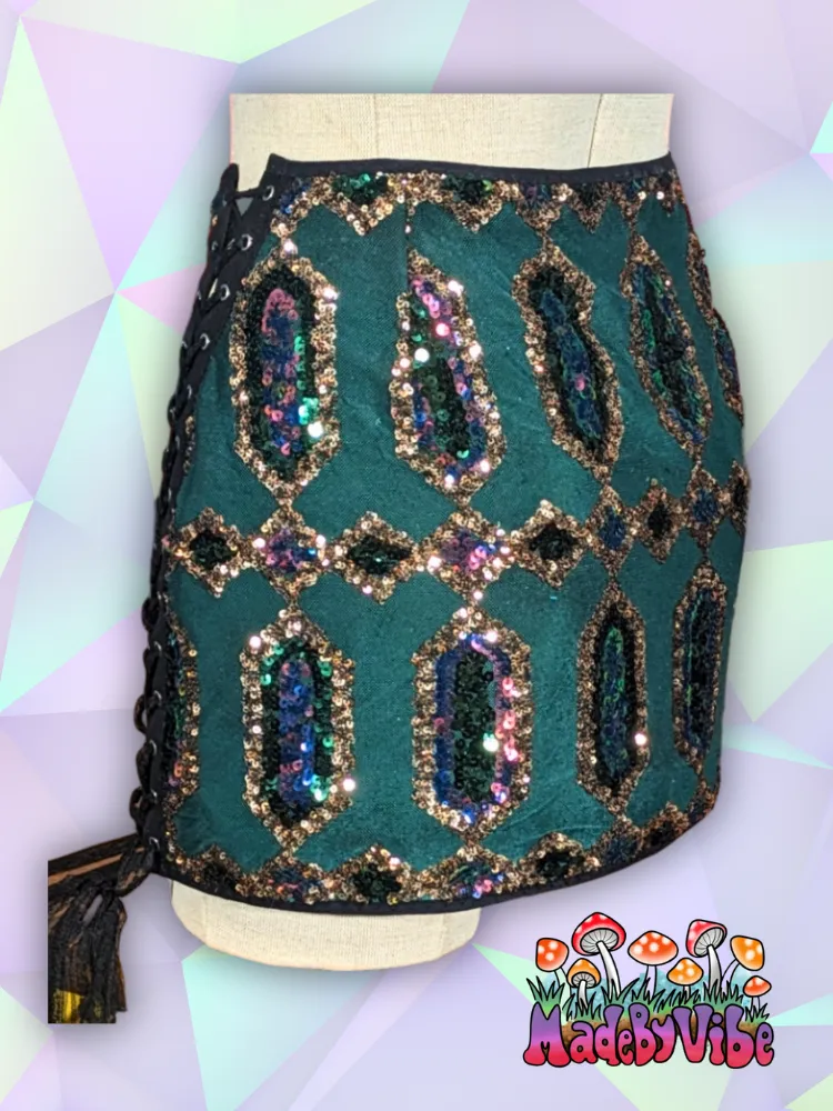 Emerald Nightfall Lace Up Sides Mini Pencil Skirt - Made to Order