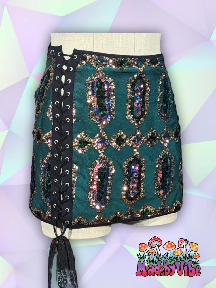 Emerald Nightfall Lace Up Sides Mini Pencil Skirt - Made to Order