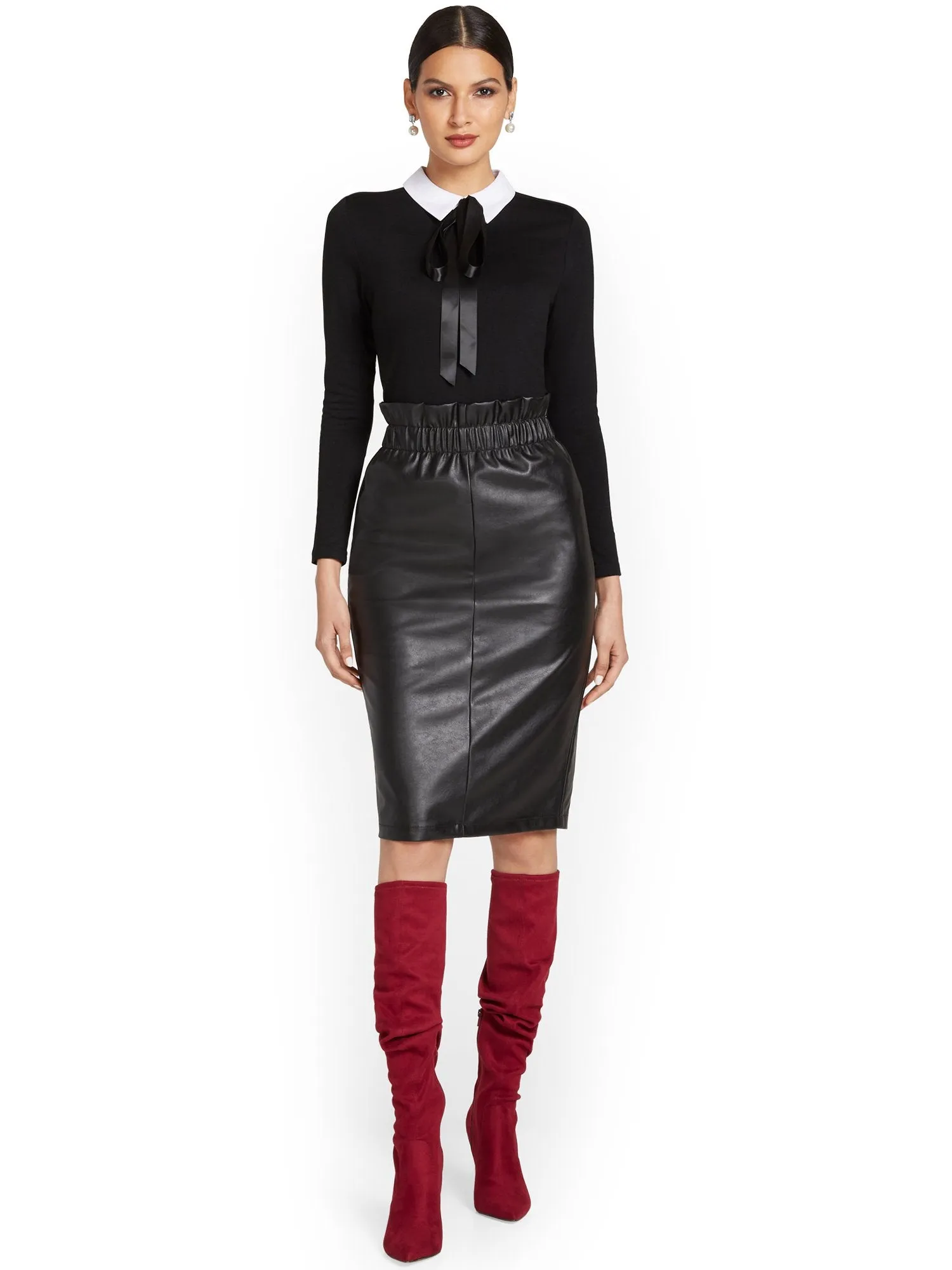 Faux-Leather Paperbag-Waist Pencil Skirt