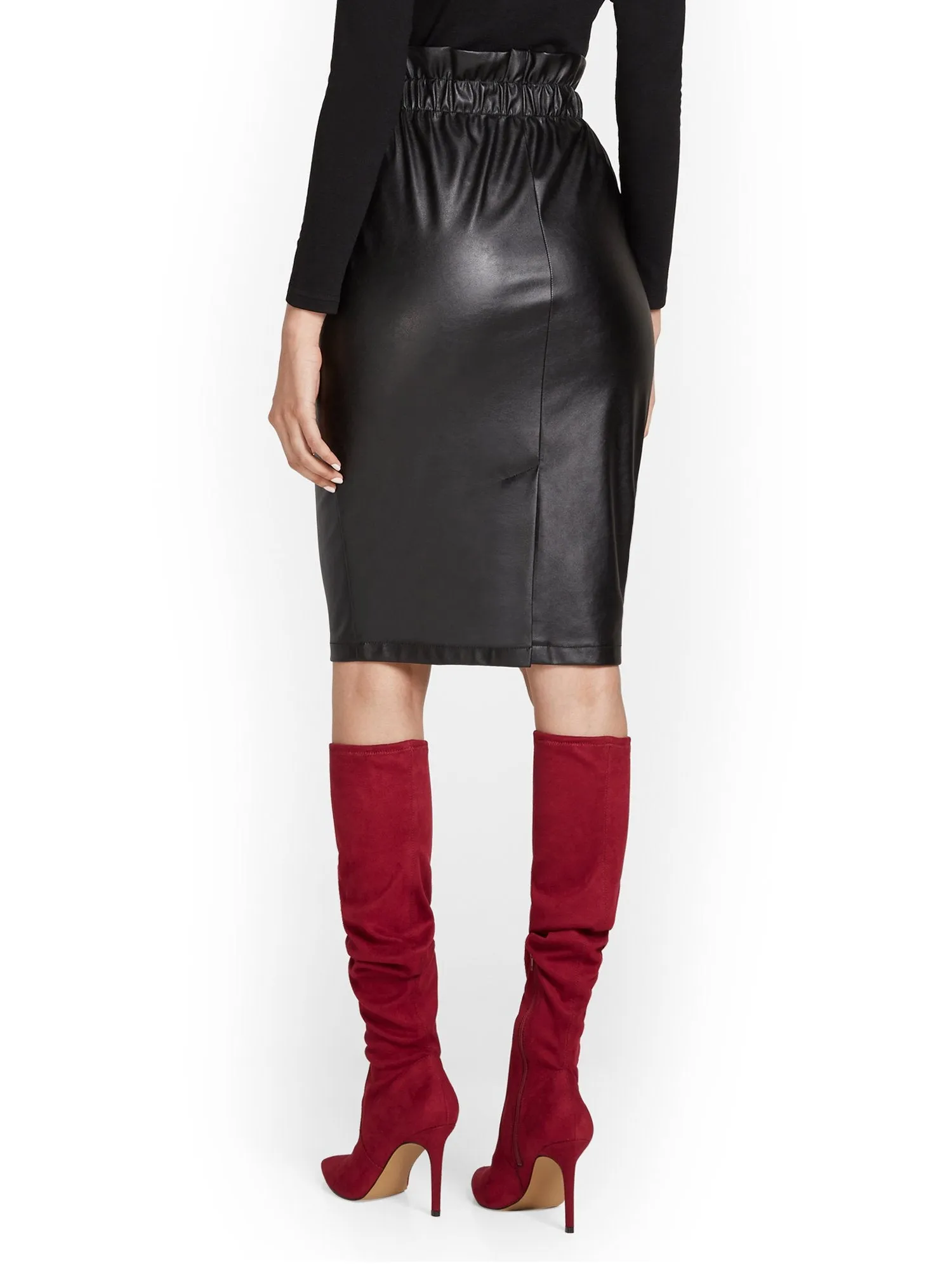 Faux-Leather Paperbag-Waist Pencil Skirt