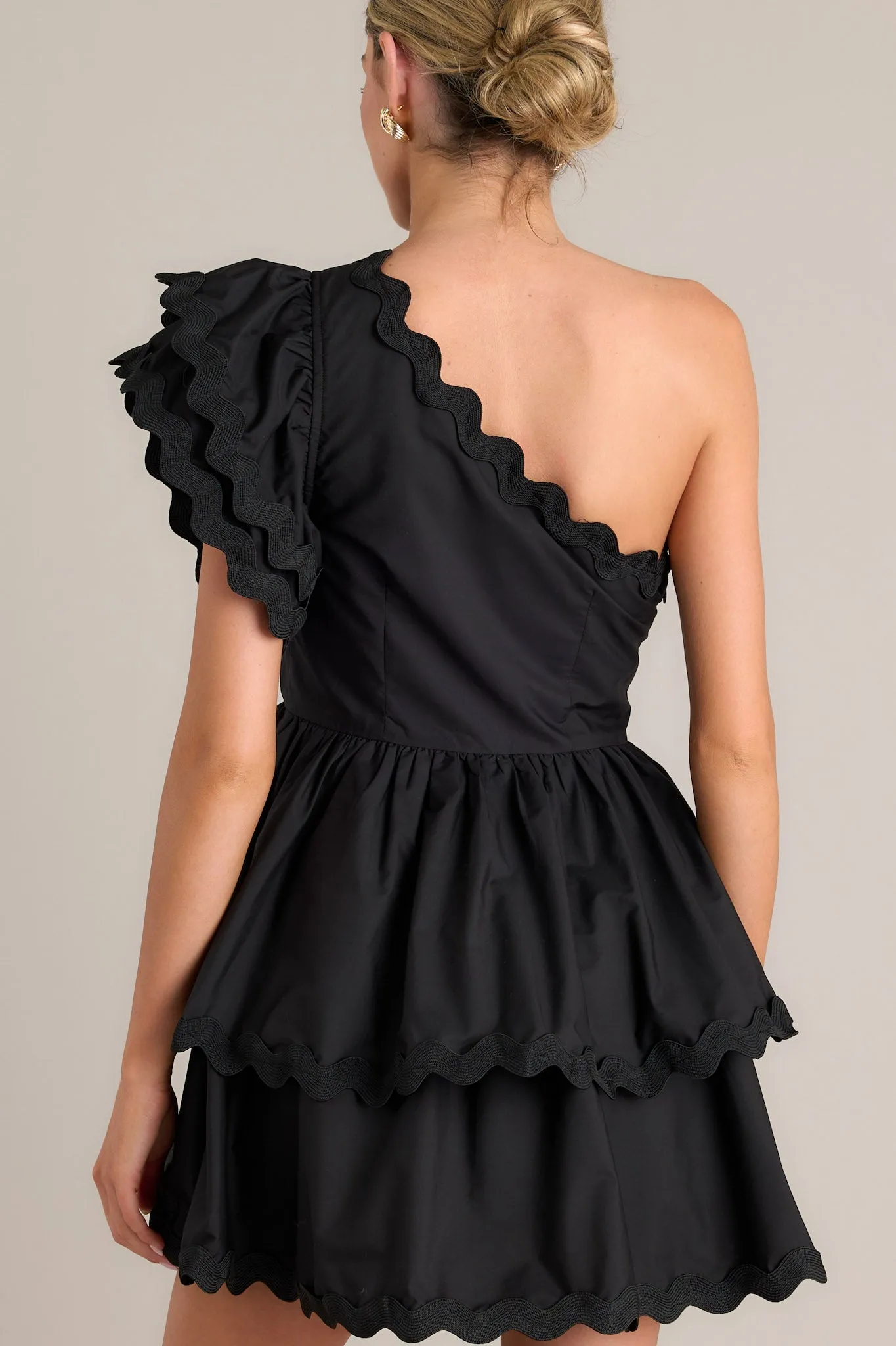 Flirty Flutter Black Scallop Tiered One Shoulder Romper