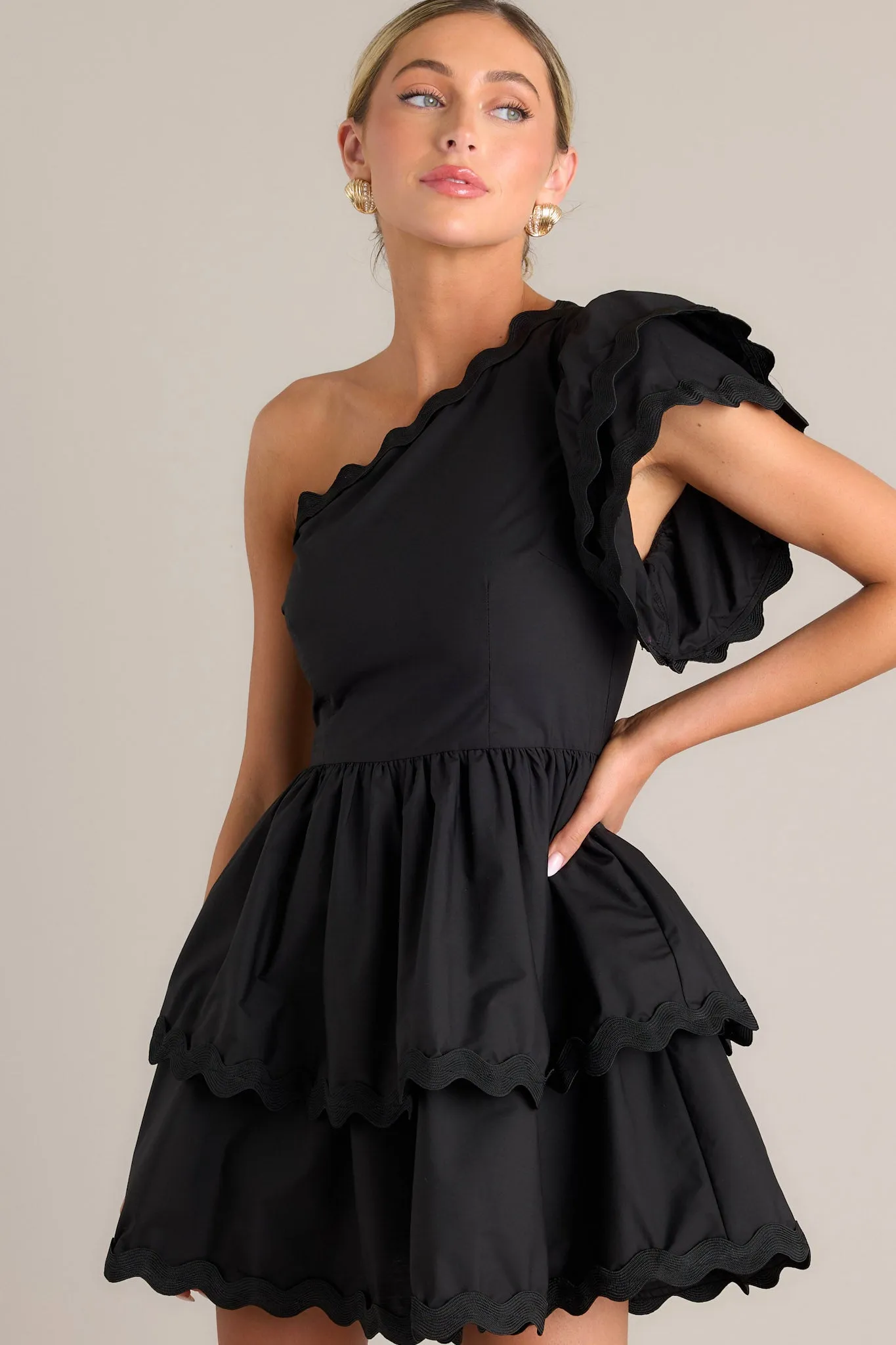 Flirty Flutter Black Scallop Tiered One Shoulder Romper