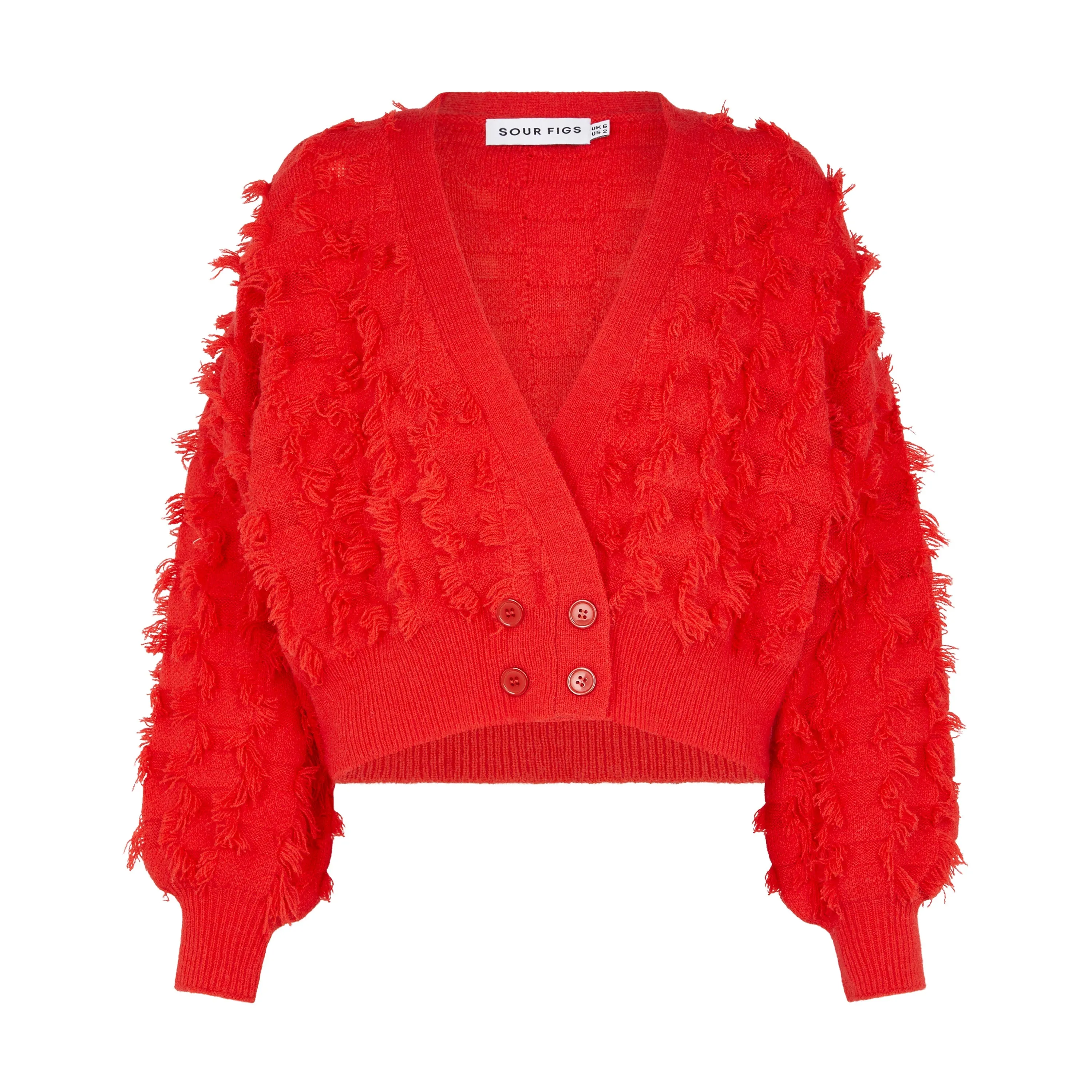 Fringed Checkerboard Cardigan in Lust Red