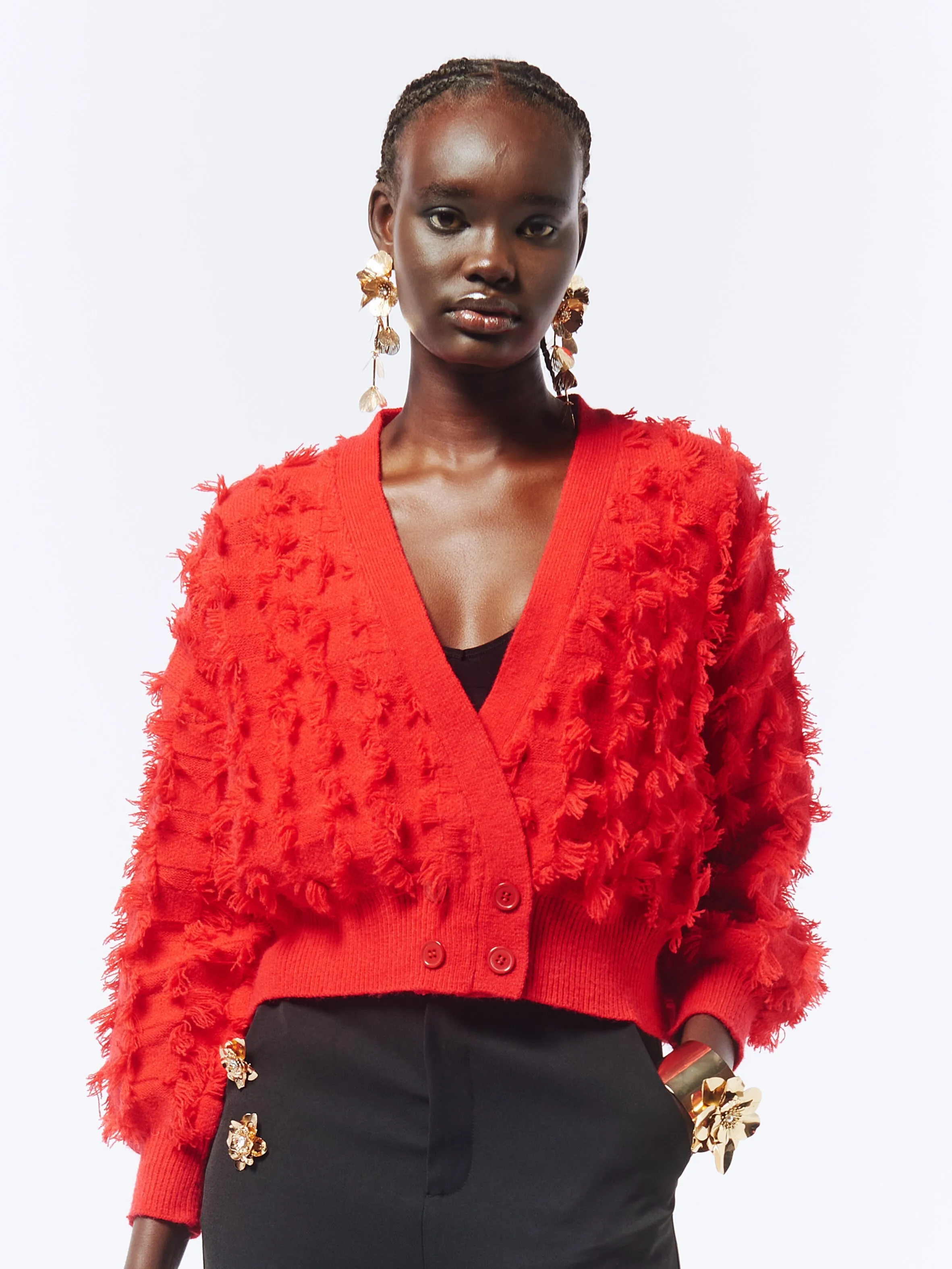 Fringed Checkerboard Cardigan in Lust Red