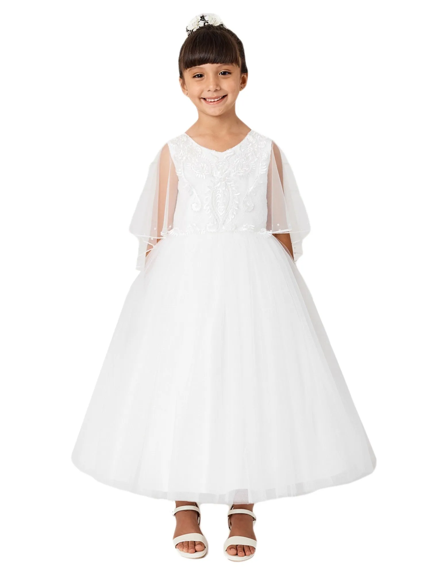 Girls Multi Color Lace Applique Cape Mesh Overlay Communion Dress 2-12