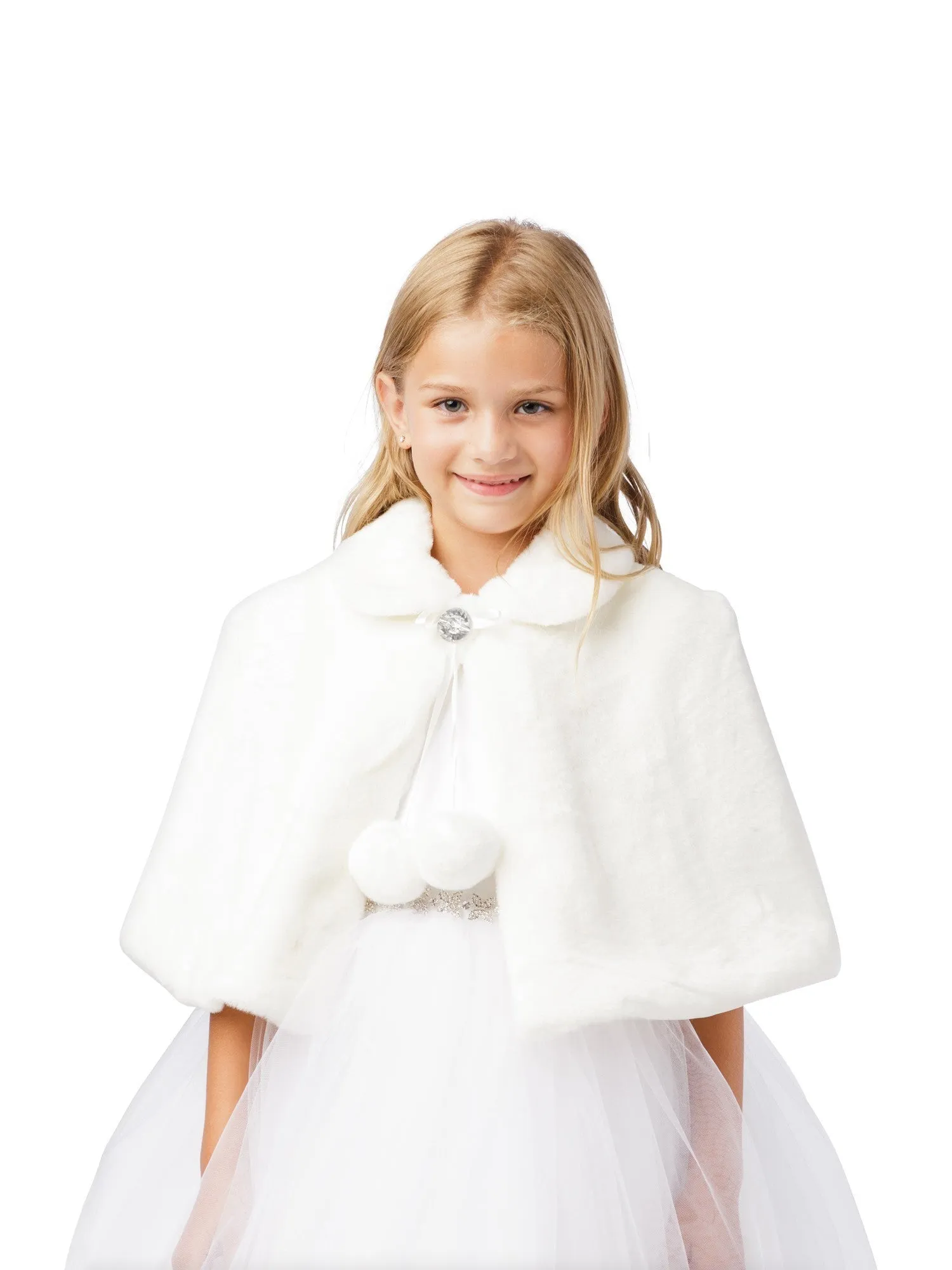 Girls White Plush Fur Glitter Single Button Closure Elegant Cape 5-16