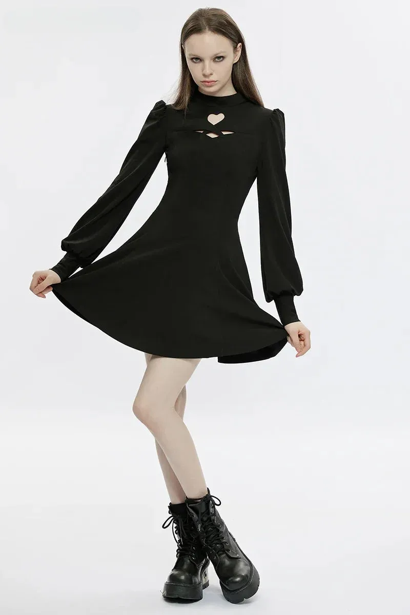 Gothic Heart-shaped Puff Sleeves Sexy Black Dress