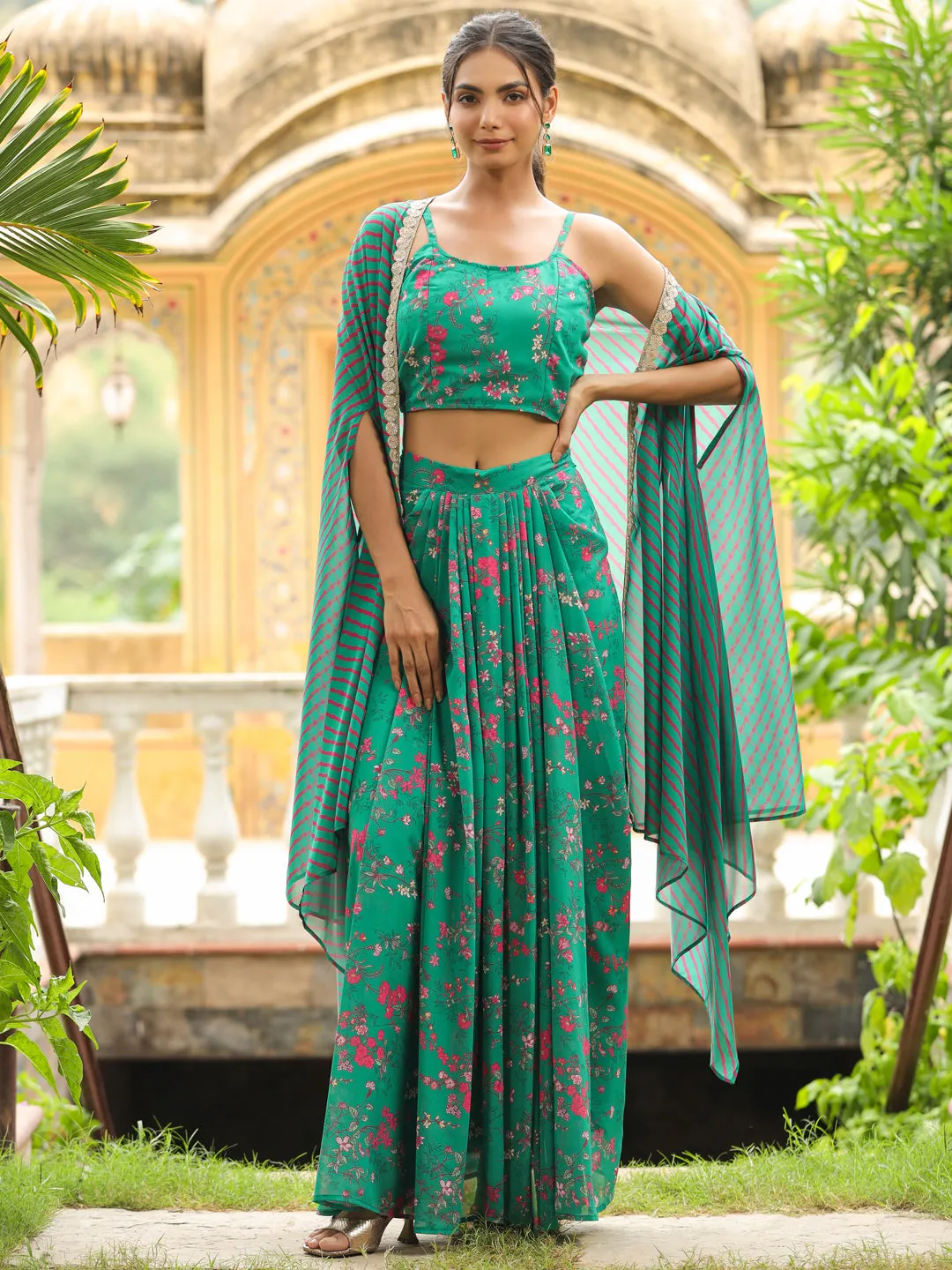 Green Georgette Floral Printed Pleated Skirt With Top & Cape Set