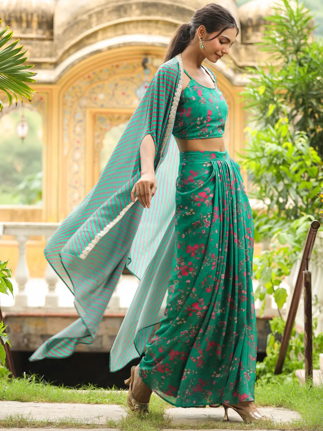 Green Georgette Floral Printed Pleated Skirt With Top & Cape Set