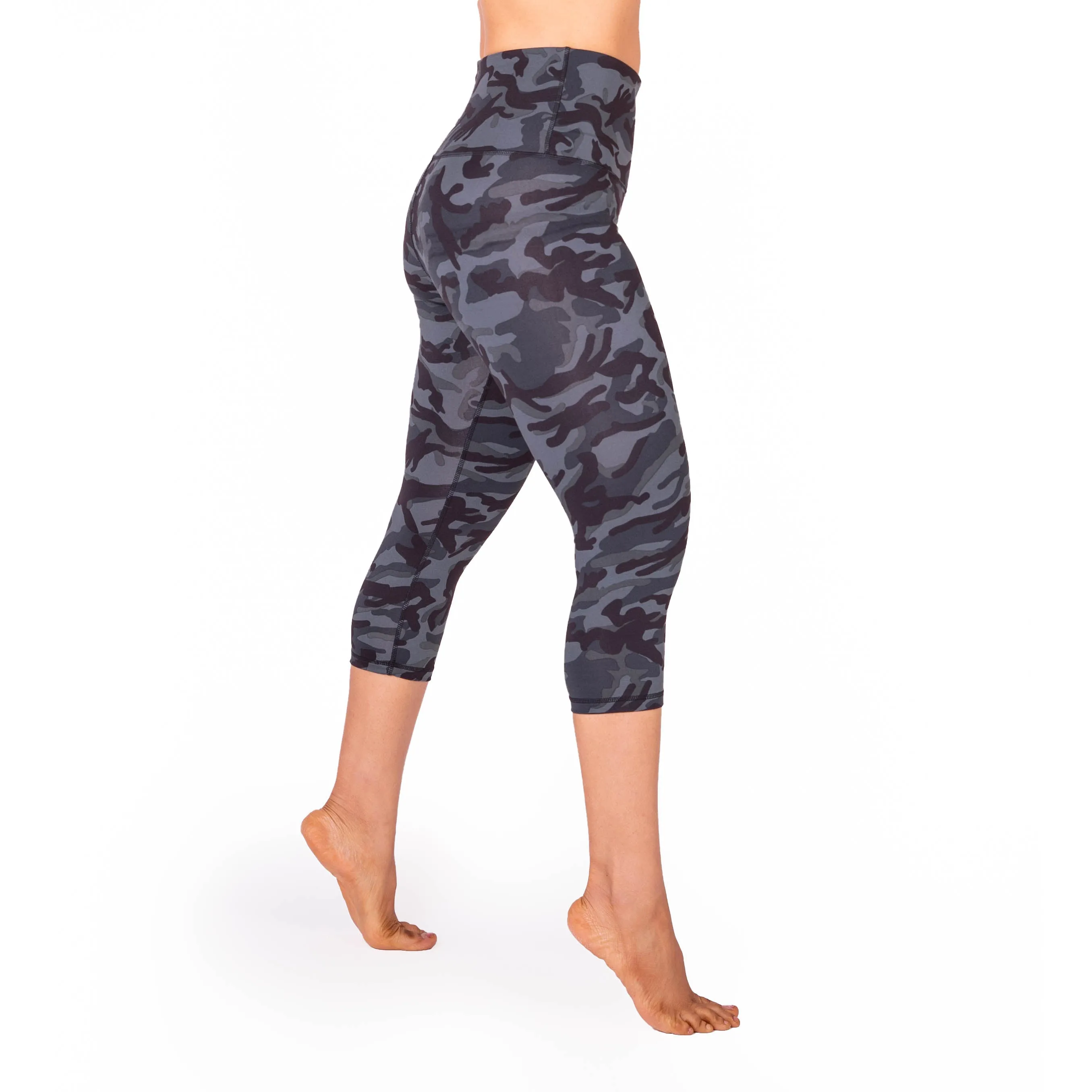 High Waist Black Camo Print Compression Capri Leggings