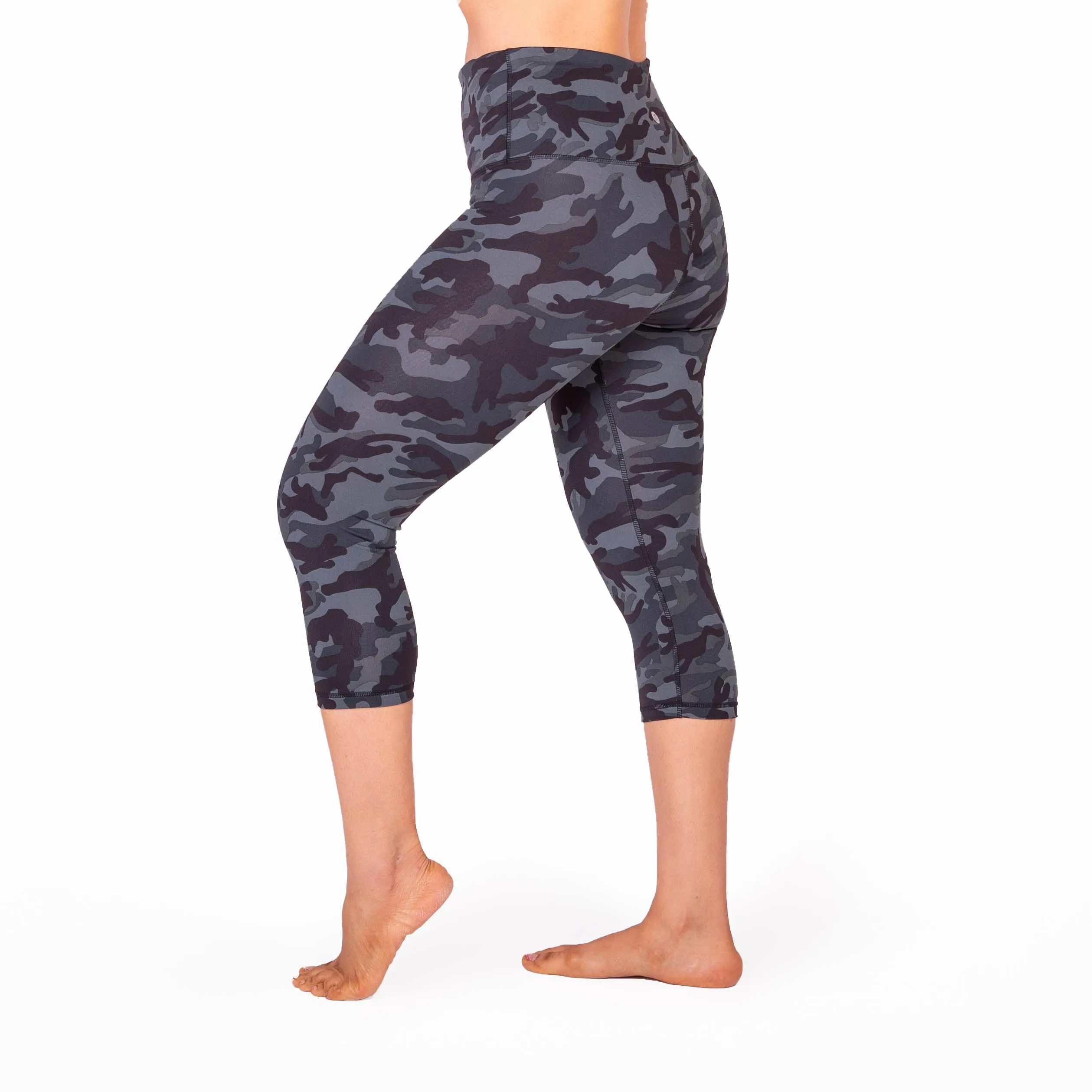 High Waist Black Camo Print Compression Capri Leggings