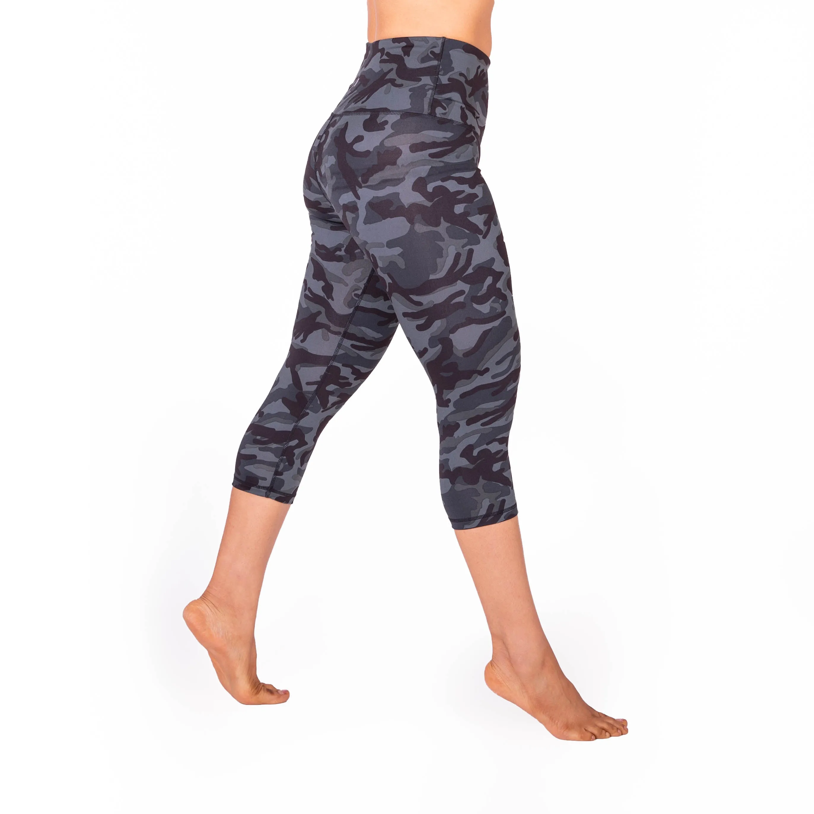 High Waist Black Camo Print Compression Capri Leggings