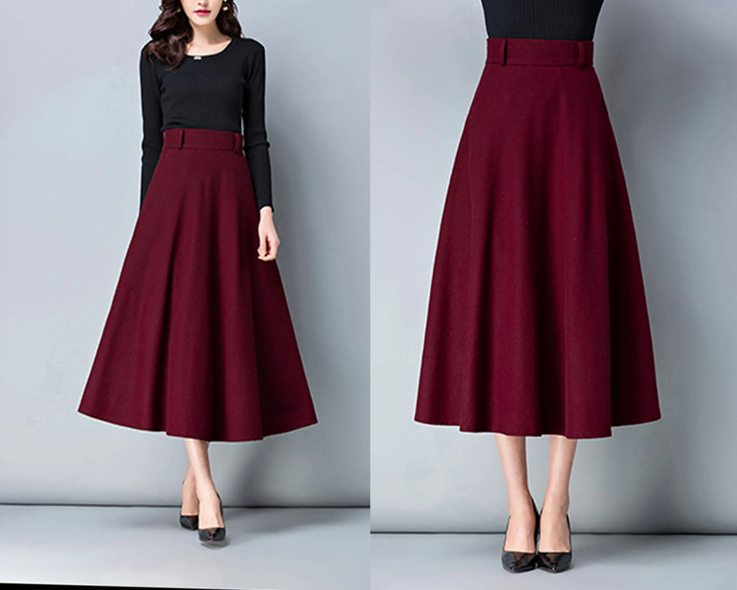 High waist skirt, Winter skirt, Midi skirt, Wool skirt, dark gray skirt, long skirt, vintage skirt, flare skirt, Wool skirt with belt Q0025