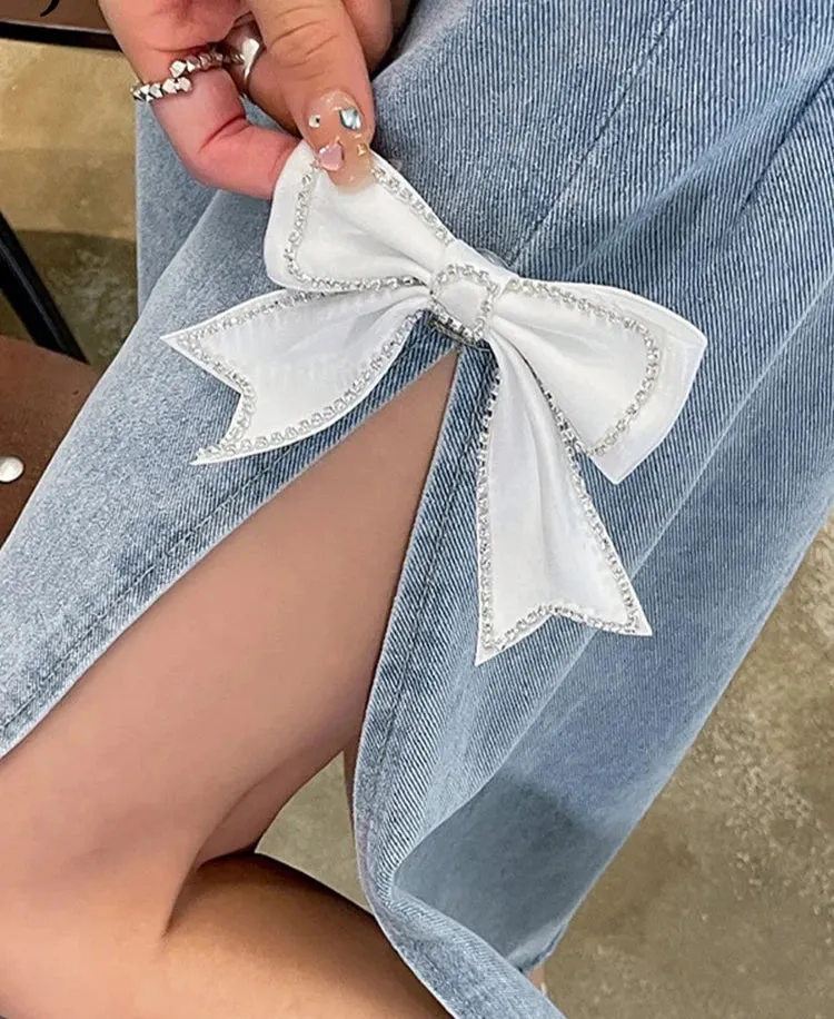 High Waist Split Bow Denim Skirts Summer New Slim Solid Color Women's Y2k Skirt Slight Stretch Simple Casual Streetwear