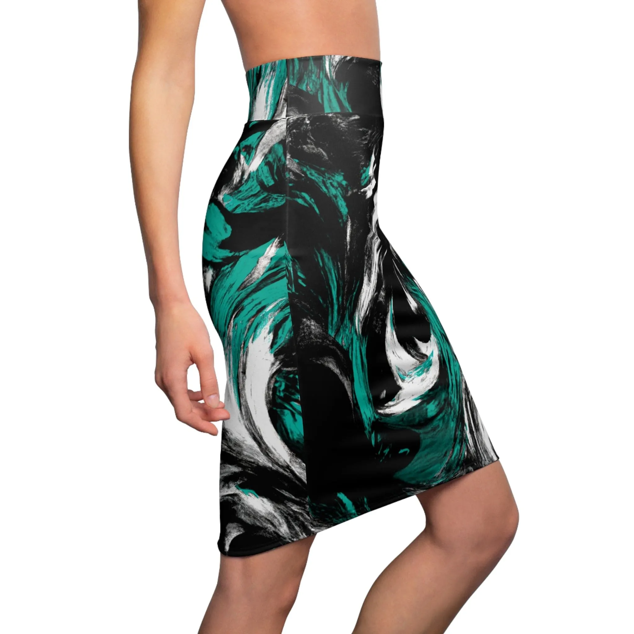 High Waist Womens Pencil Skirt - Contour Stretch - Black Green White Abstract Pattern