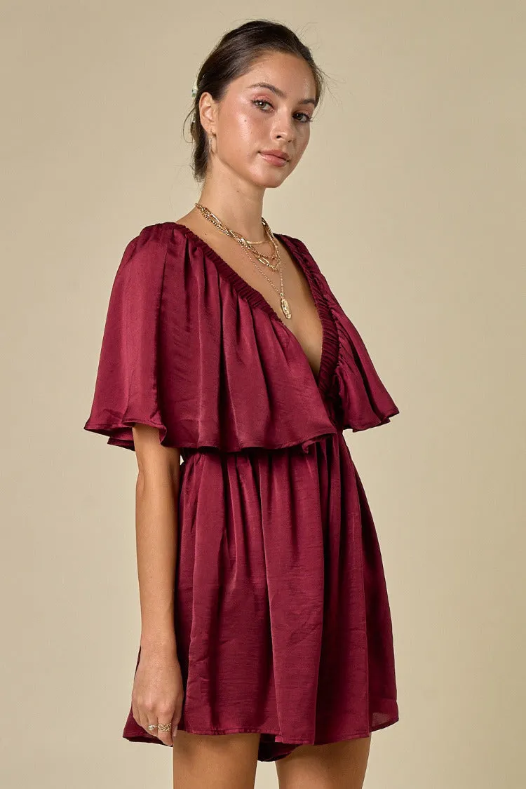 In a Minute Ruffle Top Romper In Wine FINAL SALE