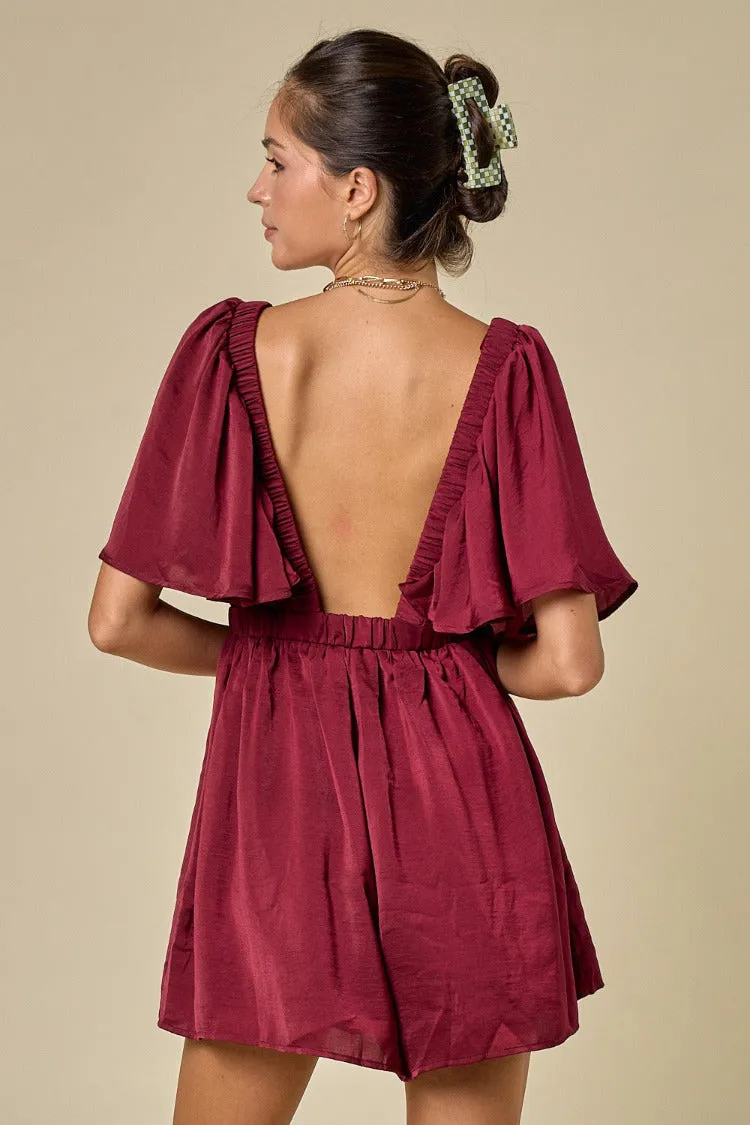 In a Minute Ruffle Top Romper In Wine FINAL SALE