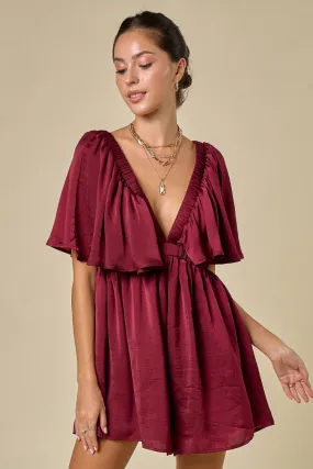 In a Minute Ruffle Top Romper In Wine FINAL SALE