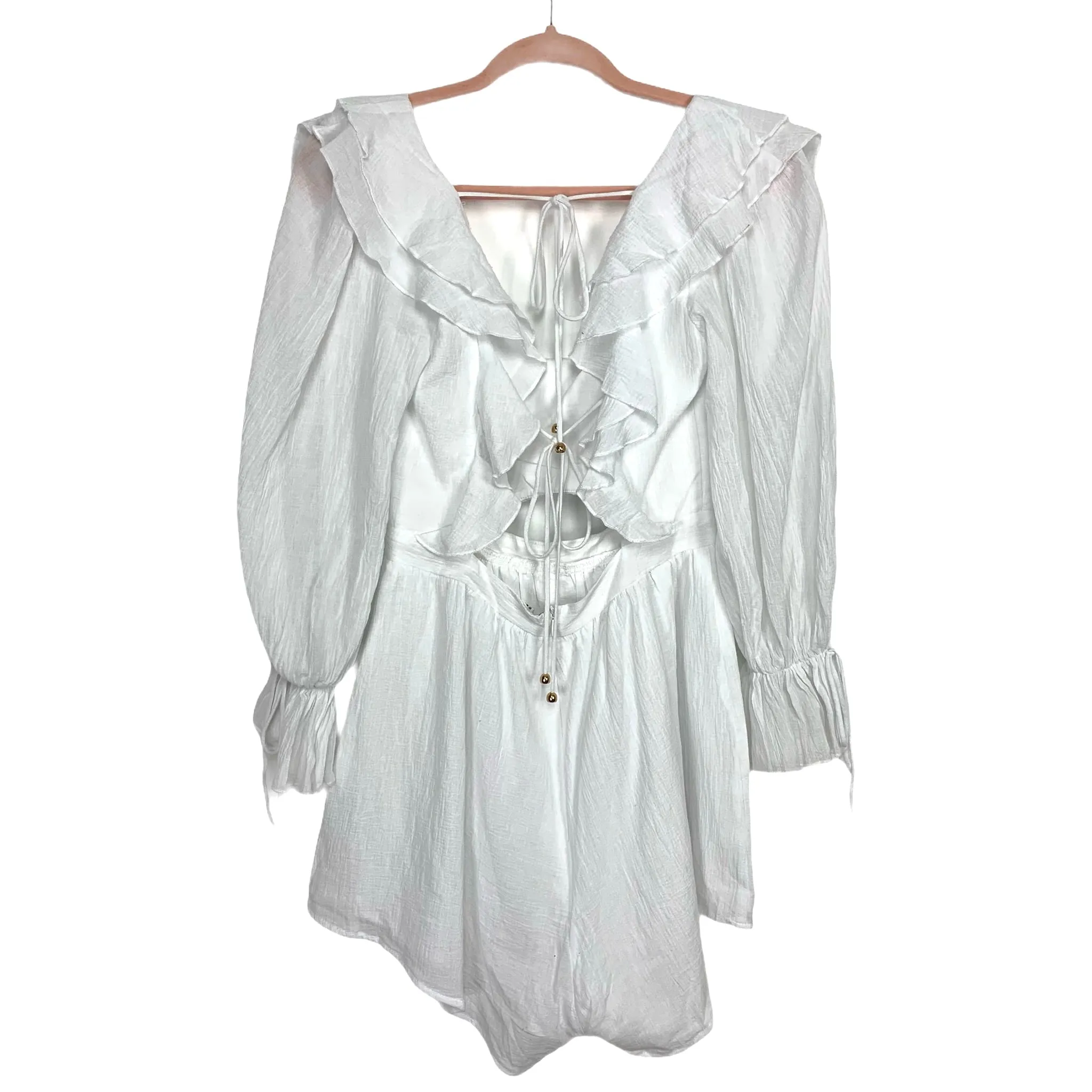 Indikah White Front Cut Out Open Back Ruffle Romper- Size M