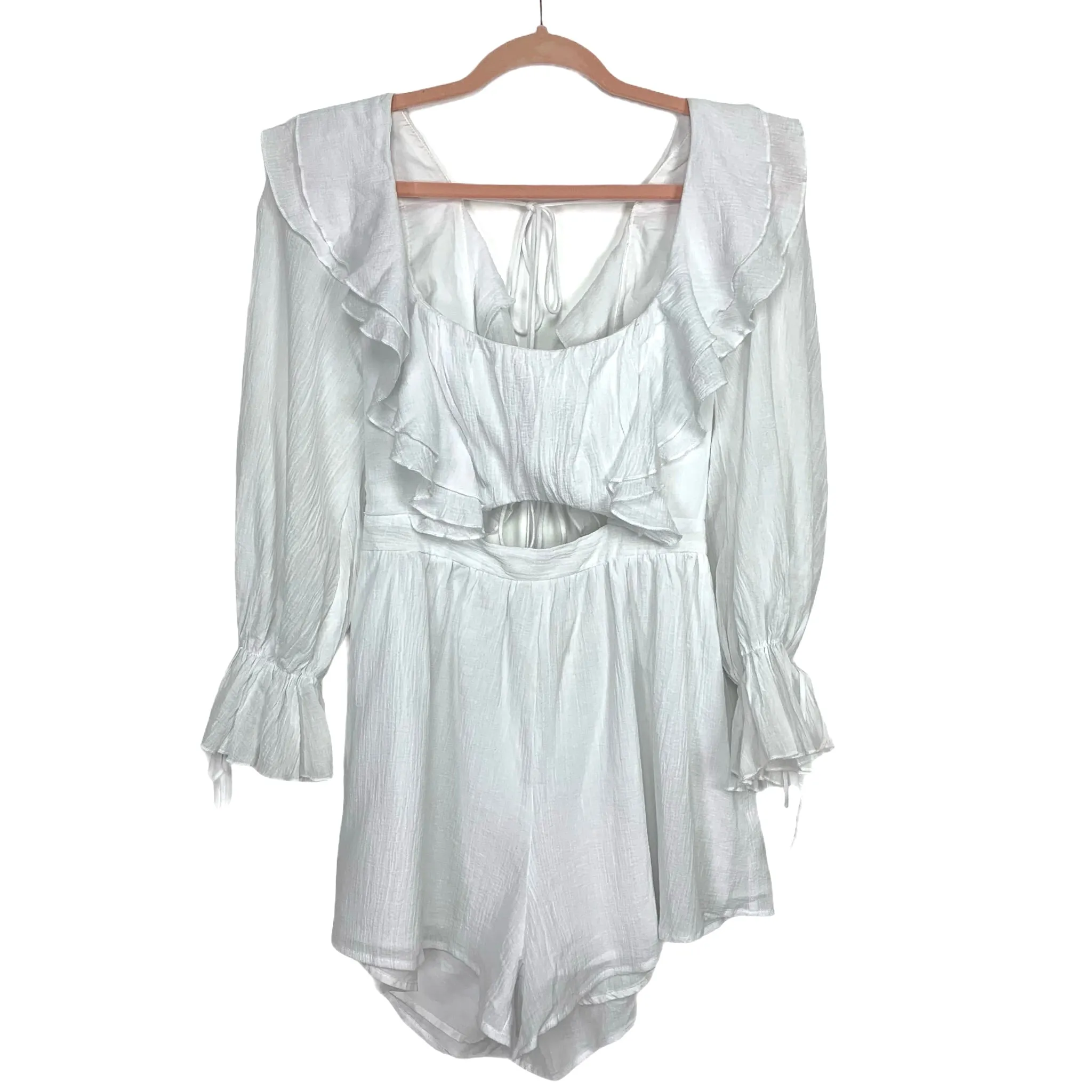 Indikah White Front Cut Out Open Back Ruffle Romper- Size M