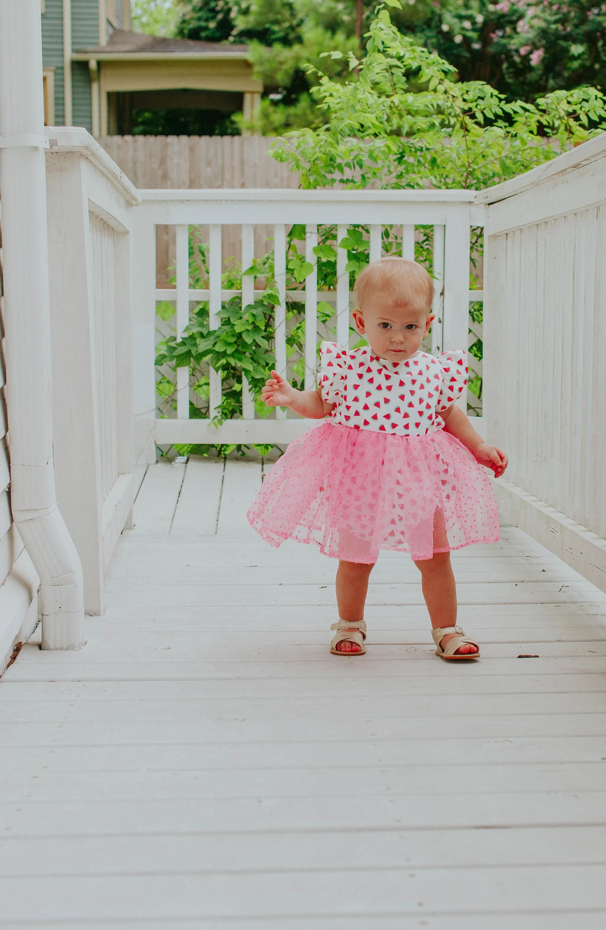 Infant Girl's Watermelon Print Cotton Bubble Romper with Tulle Skirt