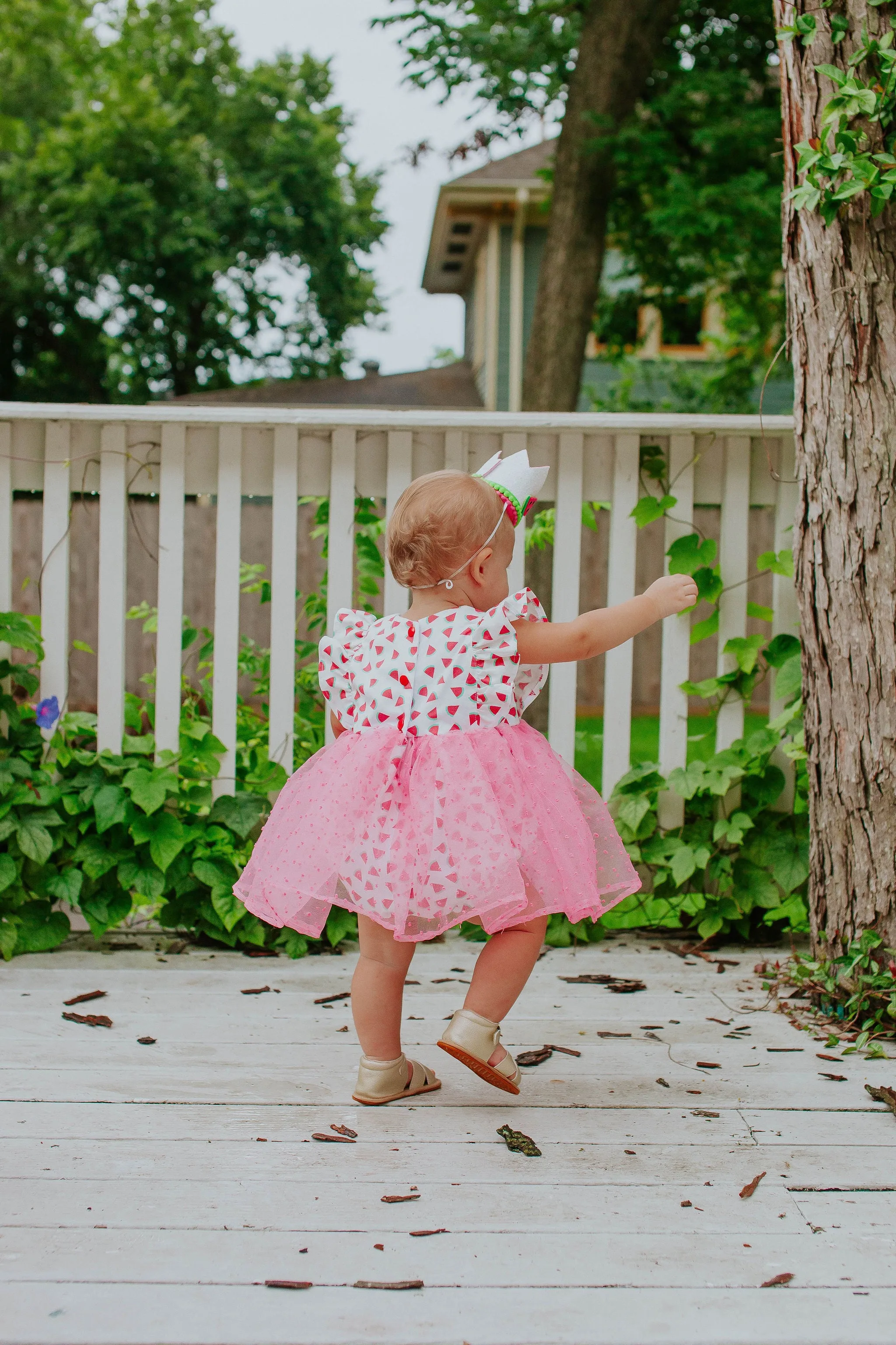 Infant Girl's Watermelon Print Cotton Bubble Romper with Tulle Skirt