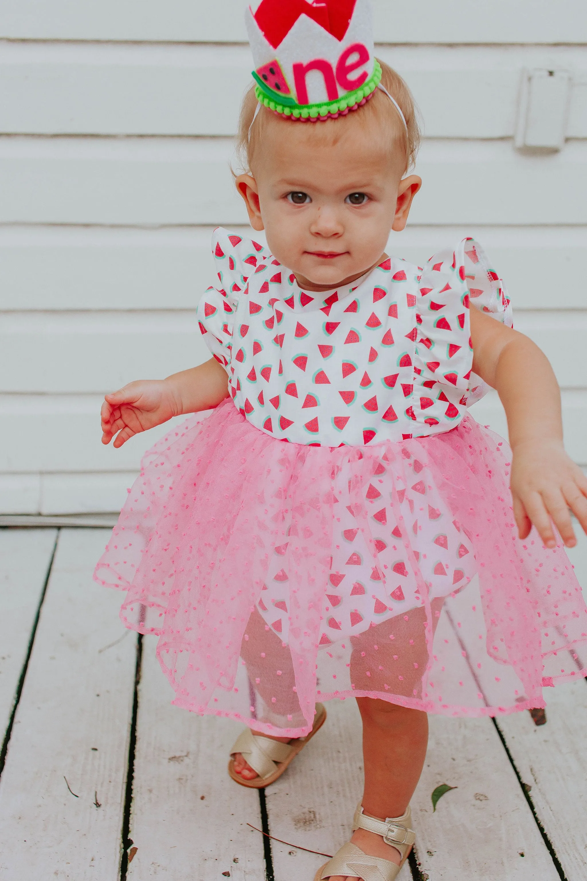 Infant Girl's Watermelon Print Cotton Bubble Romper with Tulle Skirt