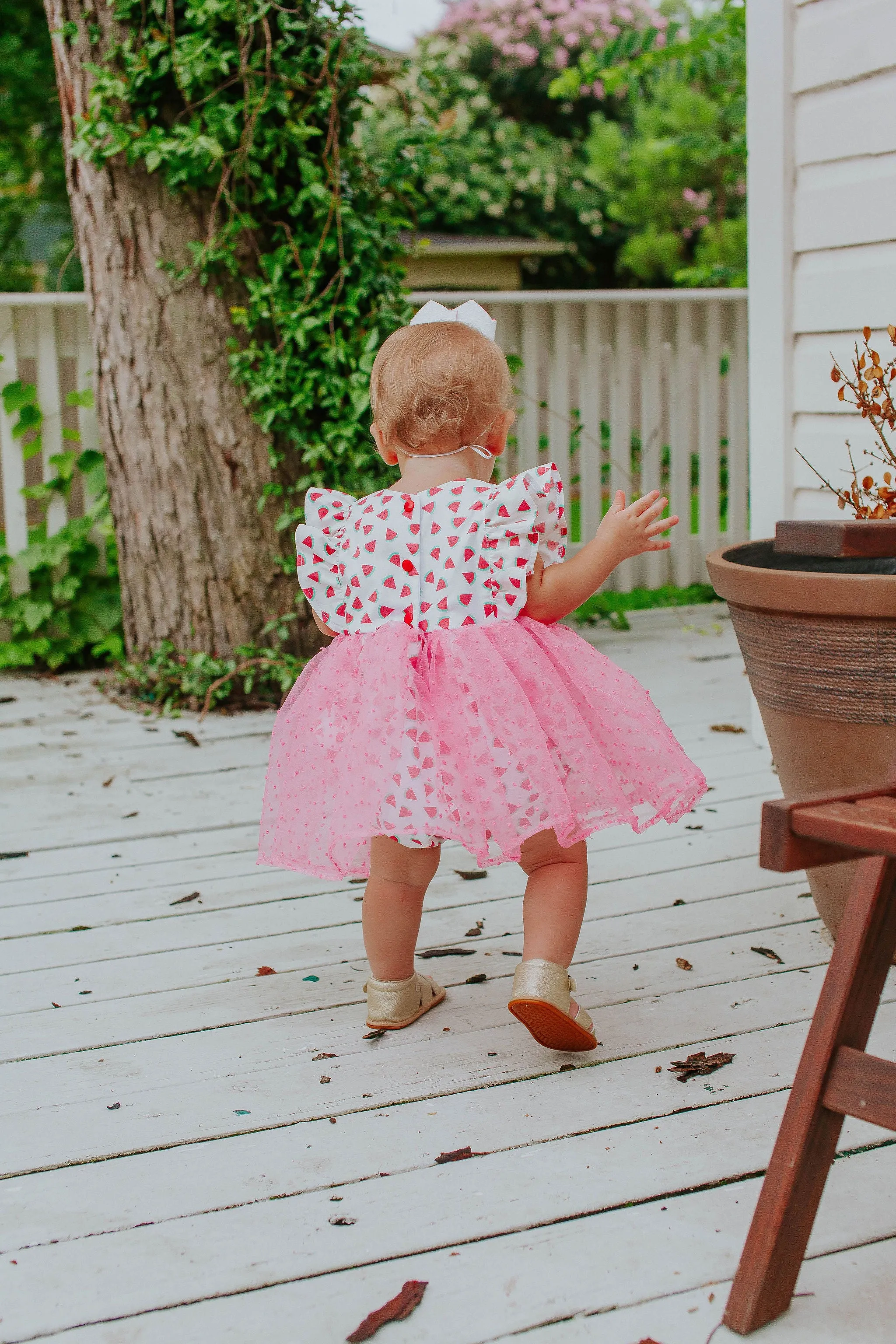 Infant Girl's Watermelon Print Cotton Bubble Romper with Tulle Skirt