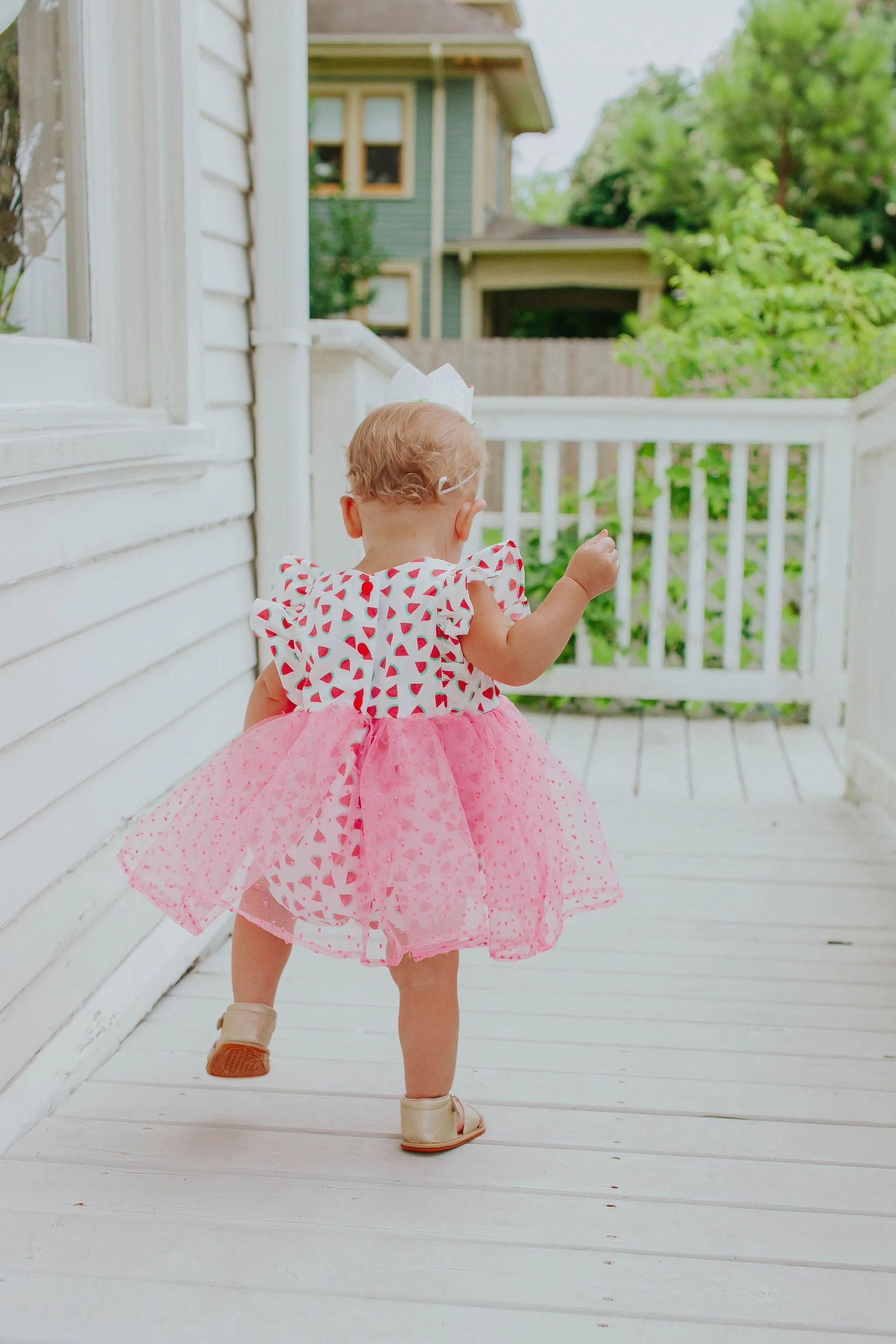 Infant Girl's Watermelon Print Cotton Bubble Romper with Tulle Skirt