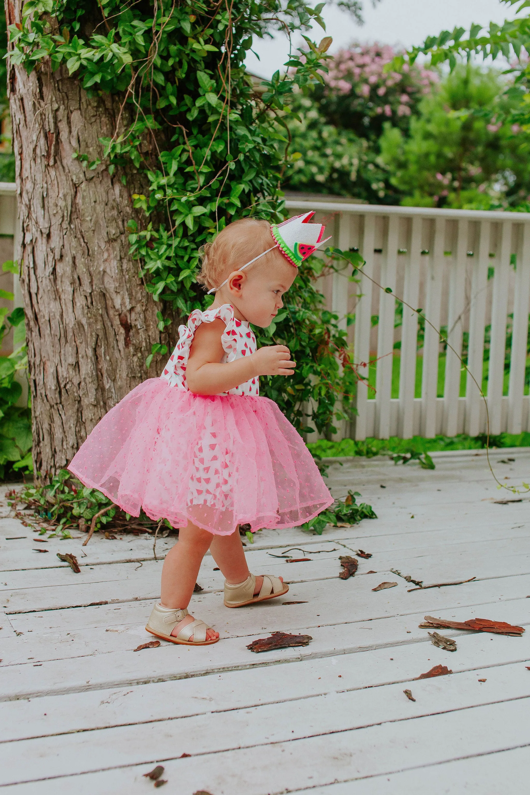 Infant Girl's Watermelon Print Cotton Bubble Romper with Tulle Skirt