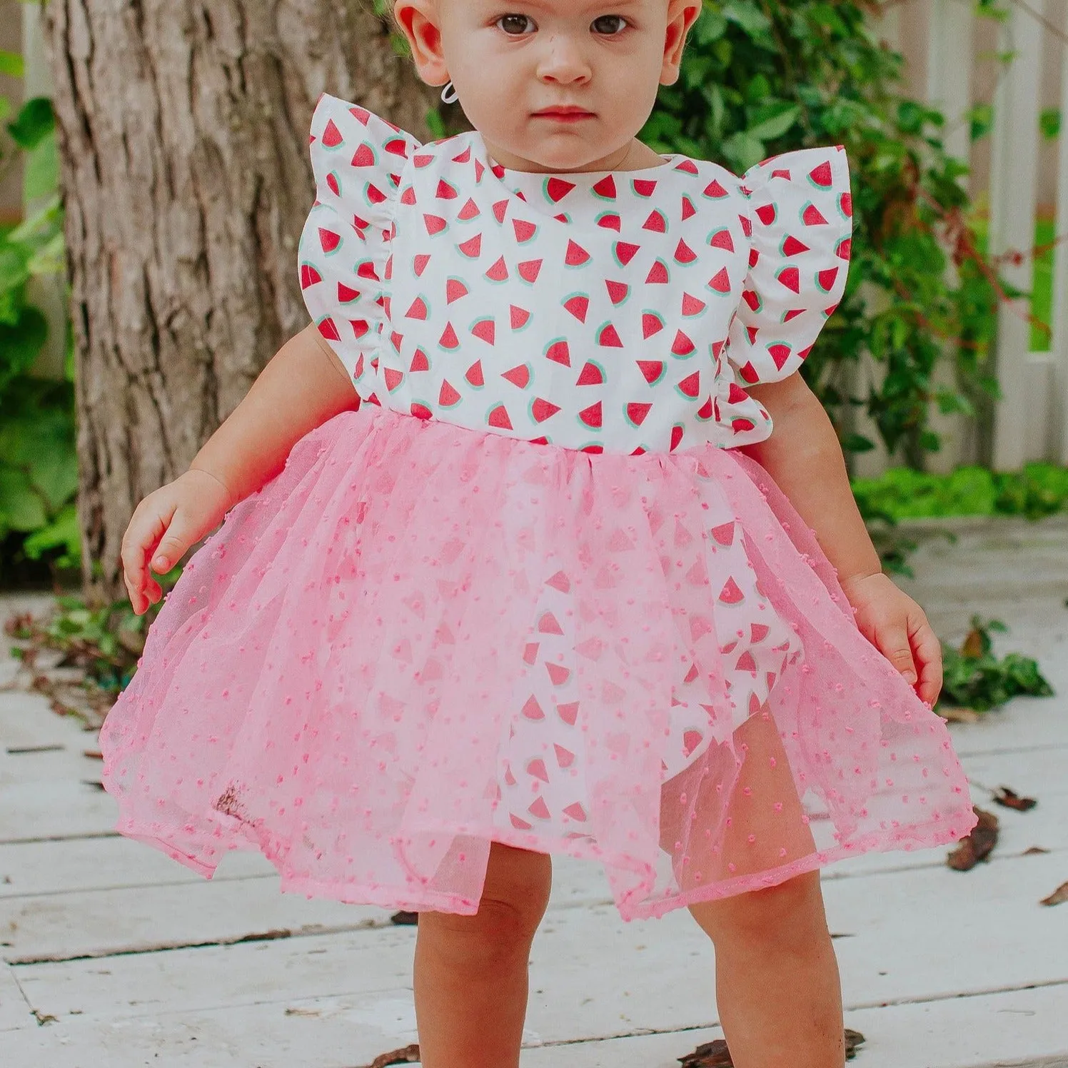 Infant Girl's Watermelon Print Cotton Bubble Romper with Tulle Skirt