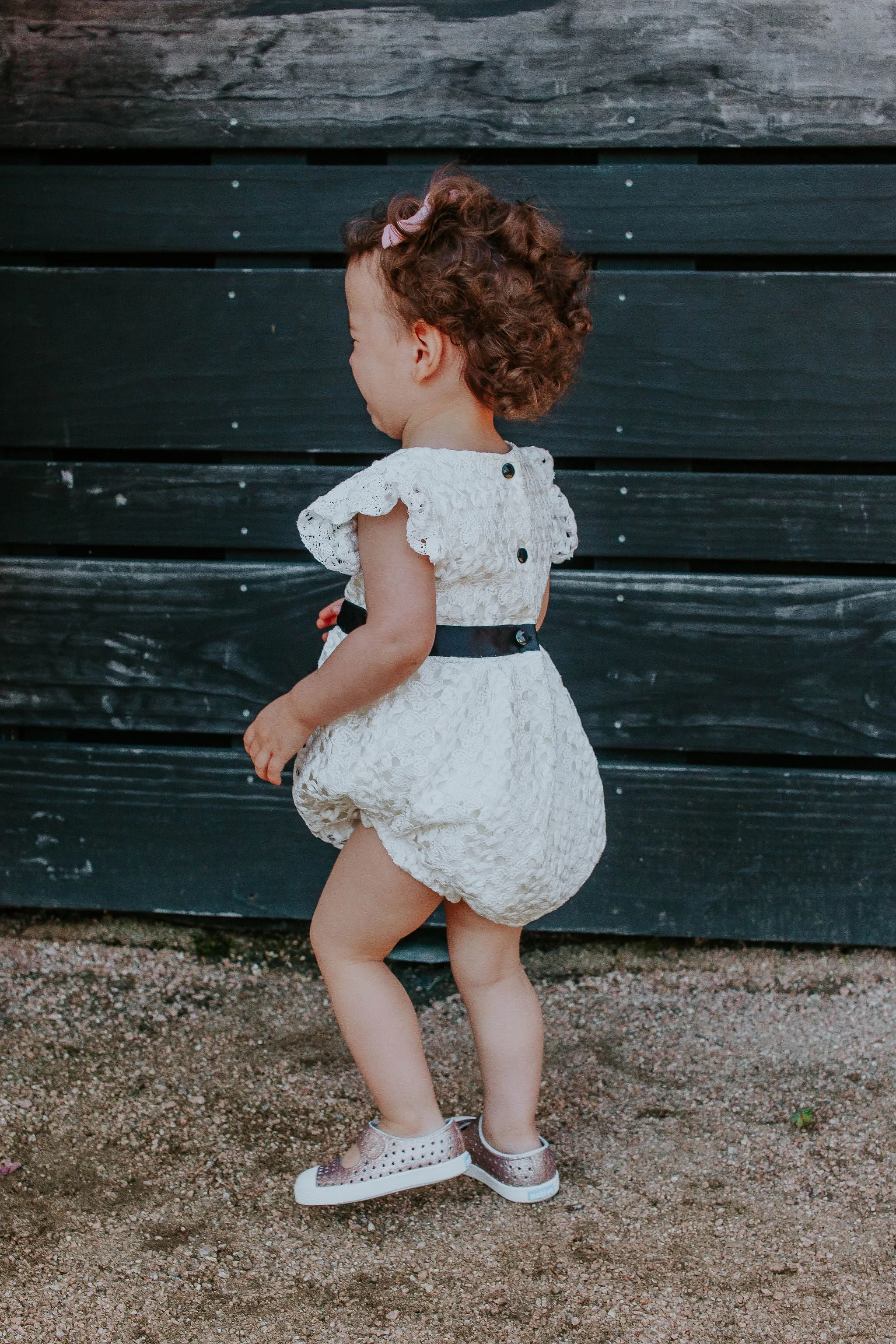 Infant Girl's White Lace Bubble Romper with Black Satin Sash