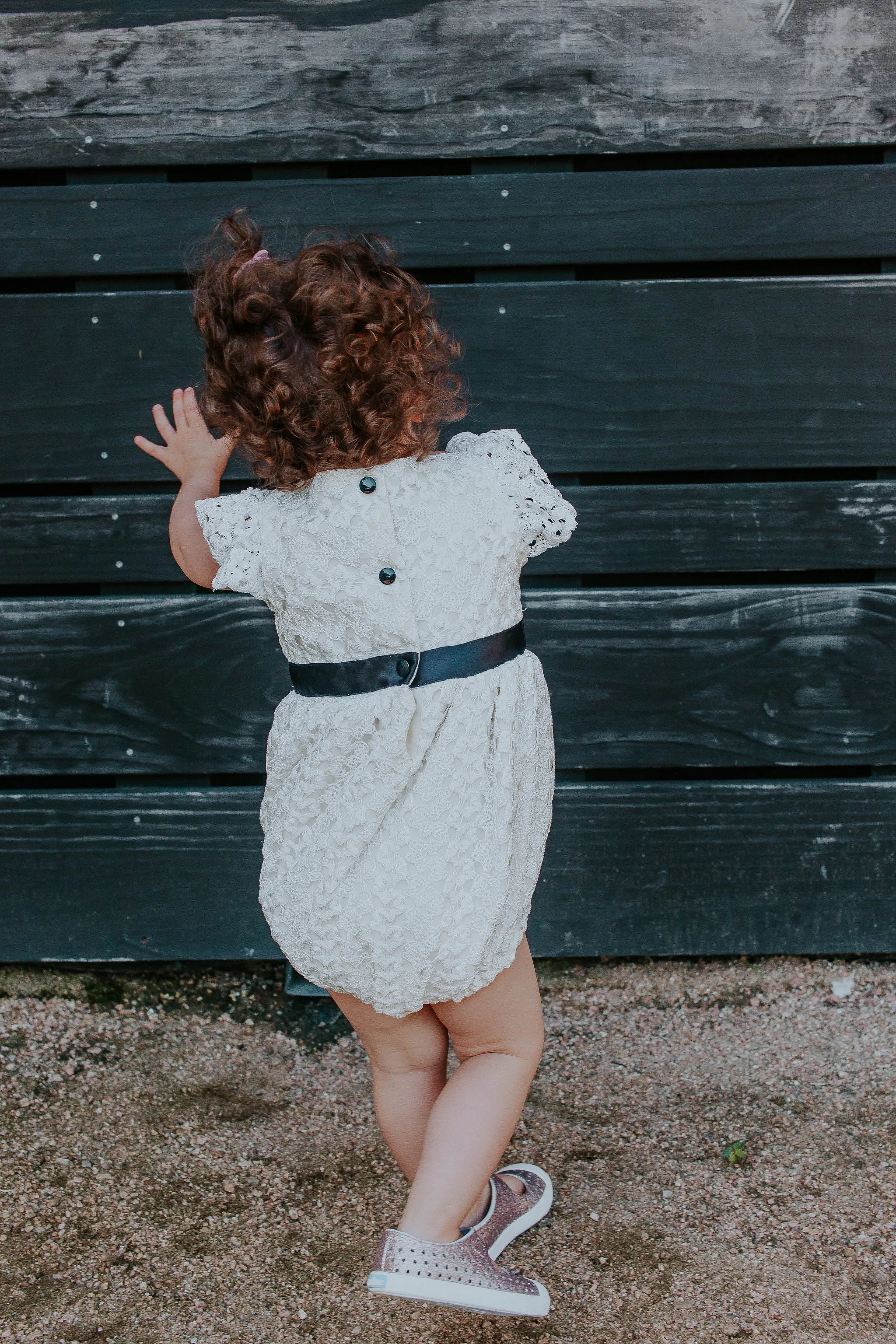 Infant Girl's White Lace Bubble Romper with Black Satin Sash