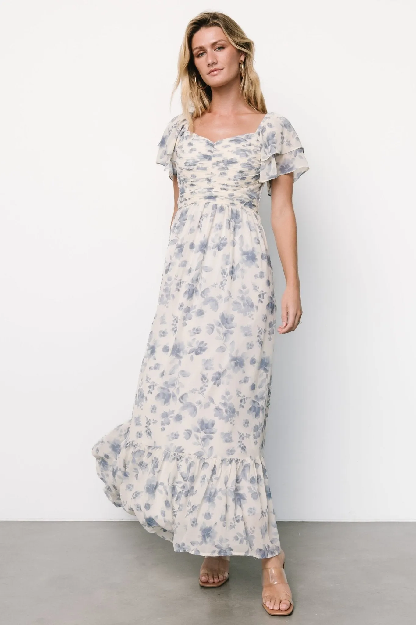 Juliana Pleated Top Dress | Ivory   Blue Floral