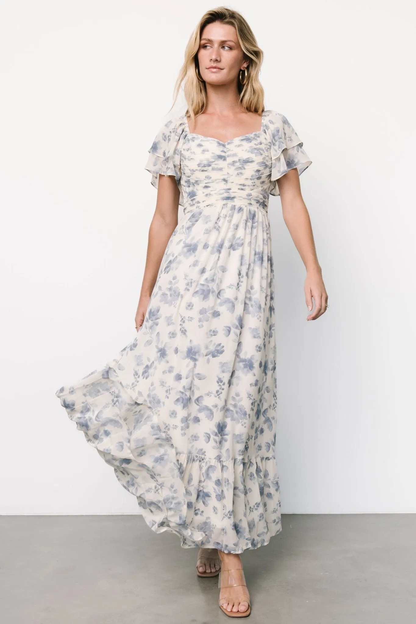 Juliana Pleated Top Dress | Ivory   Blue Floral