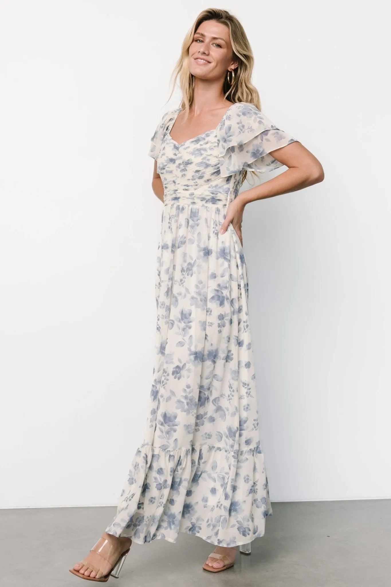 Juliana Pleated Top Dress | Ivory   Blue Floral