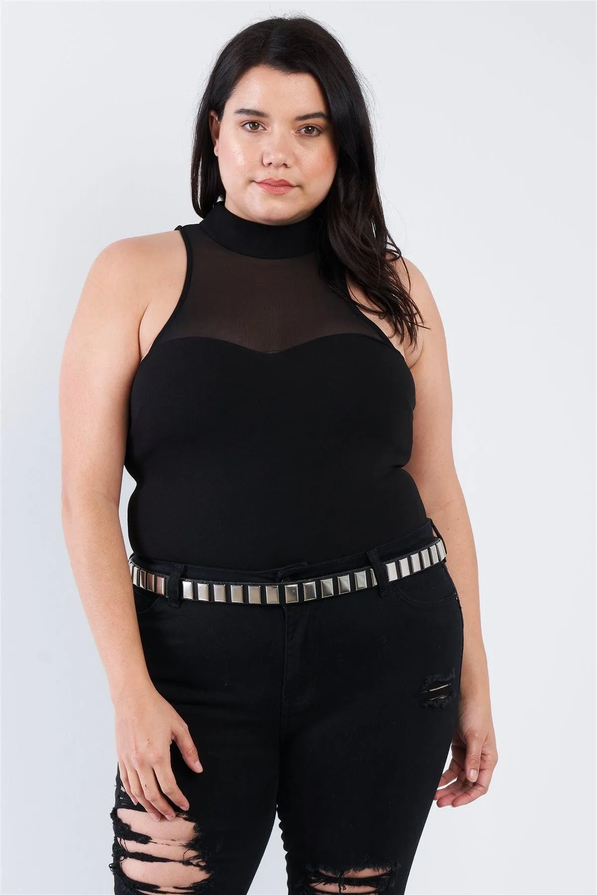 Junior Plus Size Black Mock Turtleneck Bodysuit /2-1-1