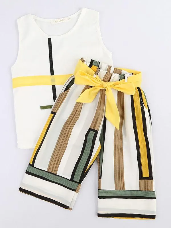 Kids Clothes Outfits Tank Top Bow Stripe Pants 2-Piece Style