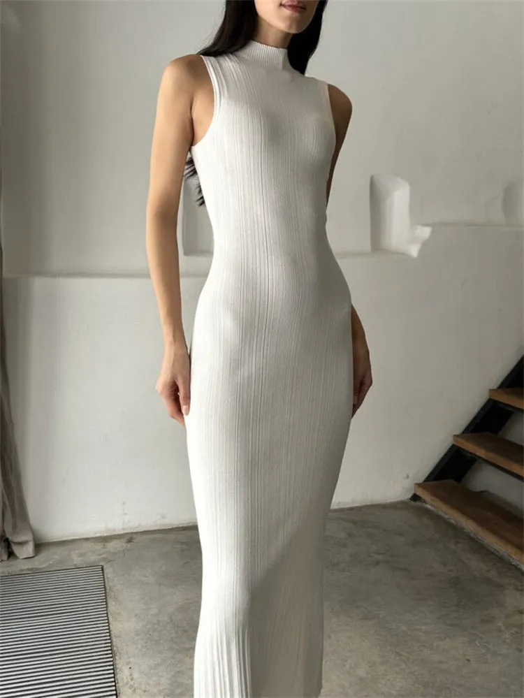 Knitted turtleneck sleeveless slim maxi dress