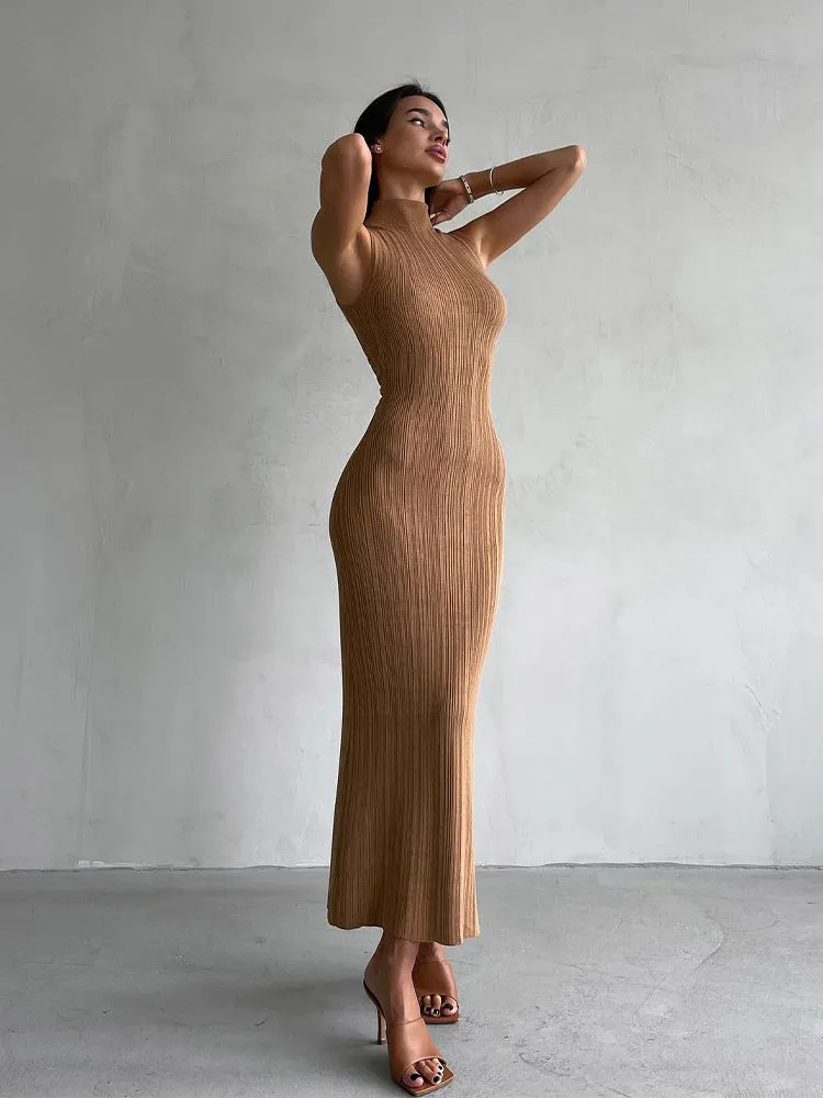 Knitted turtleneck sleeveless slim maxi dress