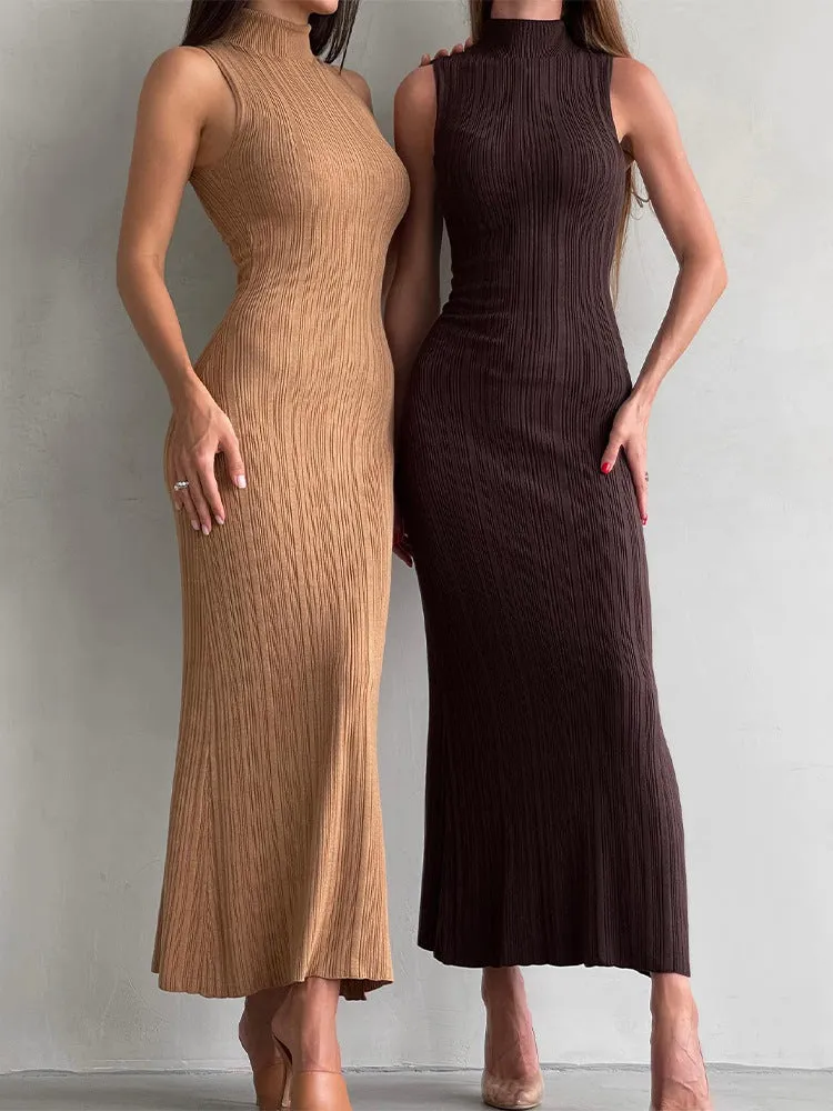 Knitted turtleneck sleeveless slim maxi dress